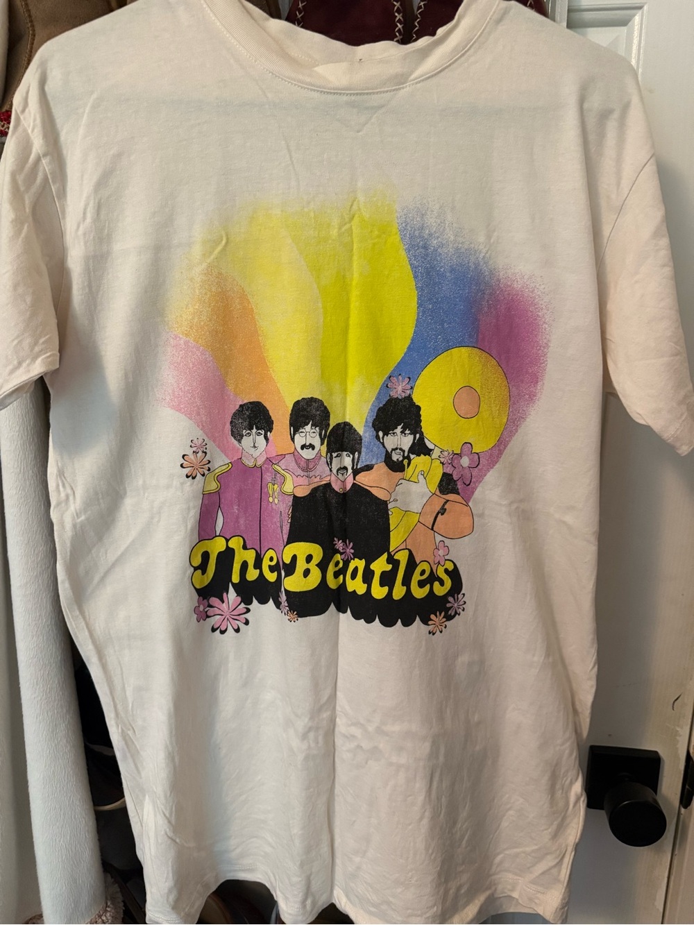 Cotton On The Beatles Cream Tee with Yellow, Pink & Blue Graphic
